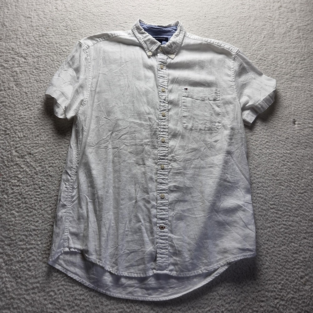 Tommy Hilfiger Shirt Mens 2XL White Linen Short Sleeve Custom Fit Button-Down
